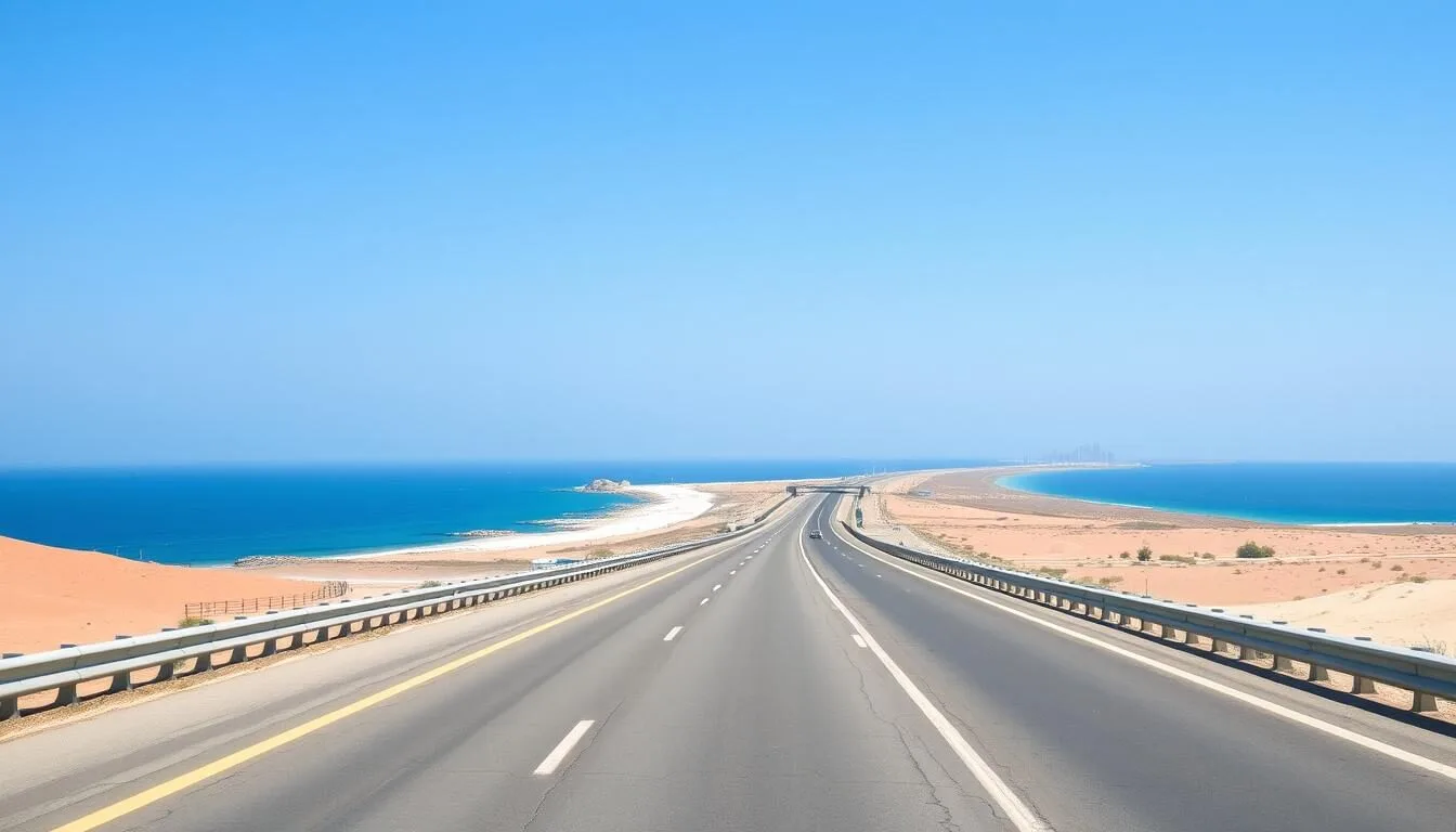 The coastal road leading to Al Ruwais, Qatar with the Arabian Gulf visible on one side and desert landscape on the other