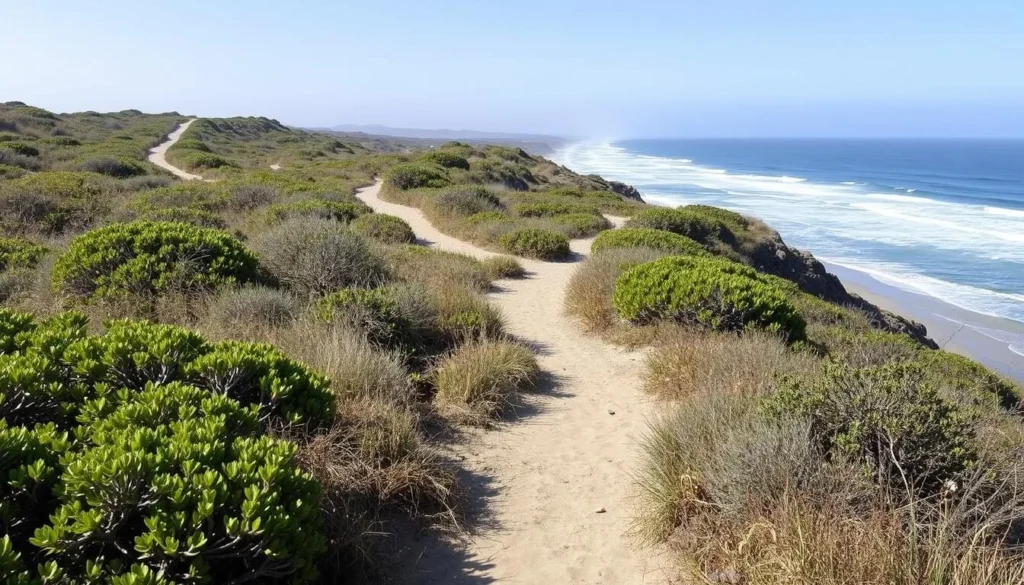 The coastal trail at Bean Hollow State Beach connecting to Pebble Beach with natural vegetation