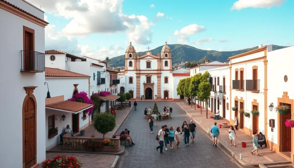 The colonial town of Comala near Volcan Nevado de Colima with its white buildings and central plaza