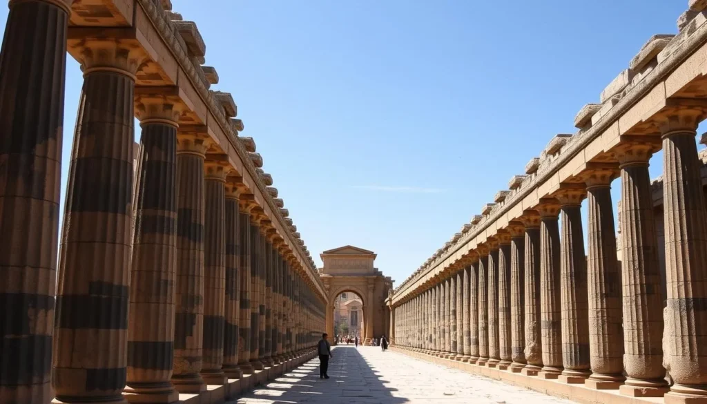 The colonnaded street (Cardo Maximus) of Umm Qais with ancient basalt columns The colonnaded street (Cardo Maximus) of Umm Qais with ancient basalt columns