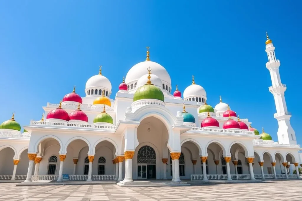 The colorful 99 Dome Mosque with its distinctive architecture against a blue sky