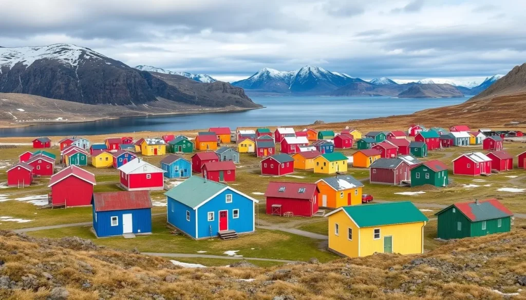 The colorful houses of Qaanaaq with mountains in the background The colorful houses of Qaanaaq with mountains in the background