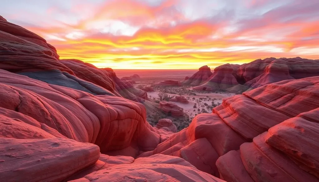 The colorful rock formations of The Breakaways near Coober Pedy, South Australia at sunset