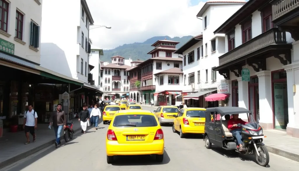 The compact streets of Phuentsholing town center with pedestrians and local taxis
