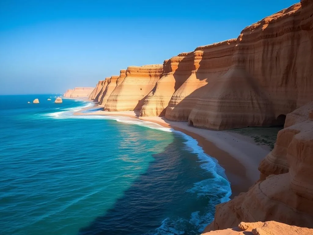 The dramatic coastal landscape at Ras Al Jinz with sandstone cliffs and pristine beaches The dramatic coastal landscape at Ras Al Jinz with sandstone cliffs and pristine beaches