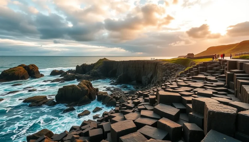 The dramatic hexagonal basalt columns of Giant's Causeway on Northern Ireland's coast with tourists exploring