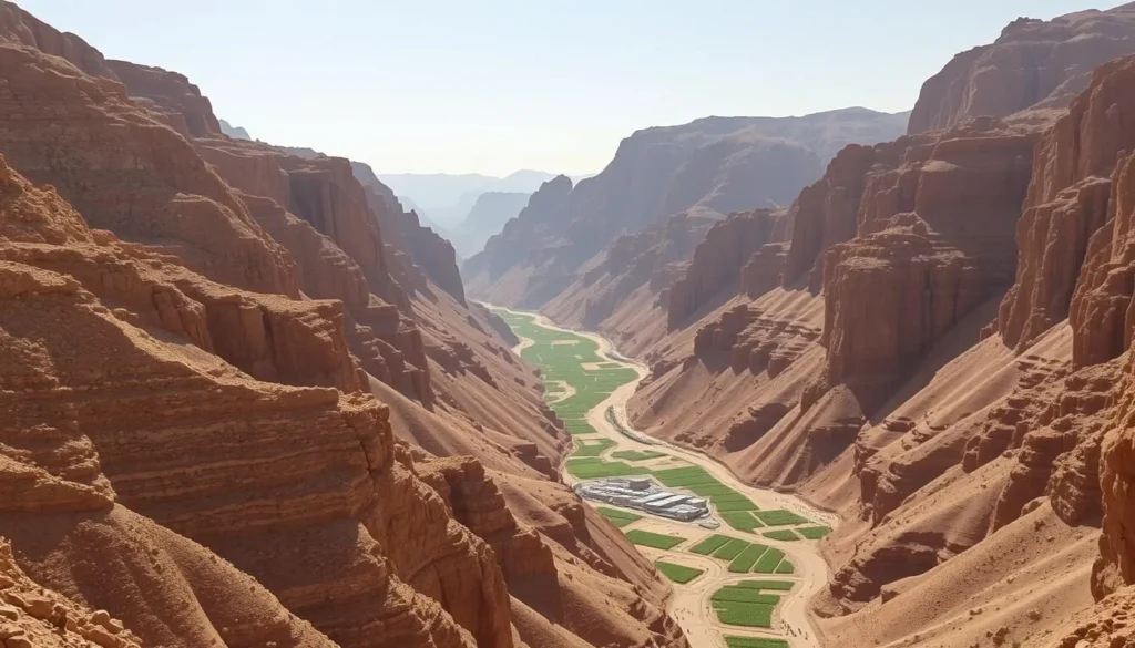The dramatic landscape of Wadi Hadhramaut surrounding Shibam with cliffs and green agricultural areas