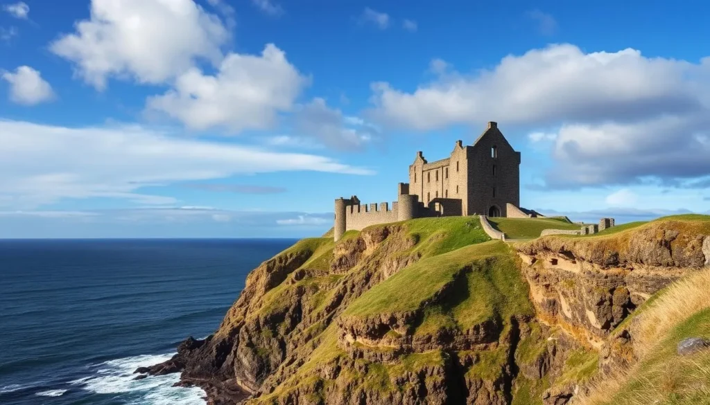 The dramatic ruins of Dunnottar Castle perched on a cliff overlooking the North Sea near Aberdeen