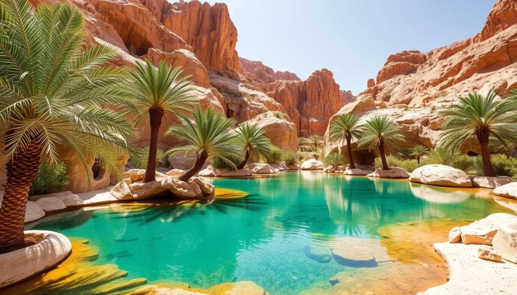 The emerald pools of Wadi Bani Khalid surrounded by palm trees and rock formations