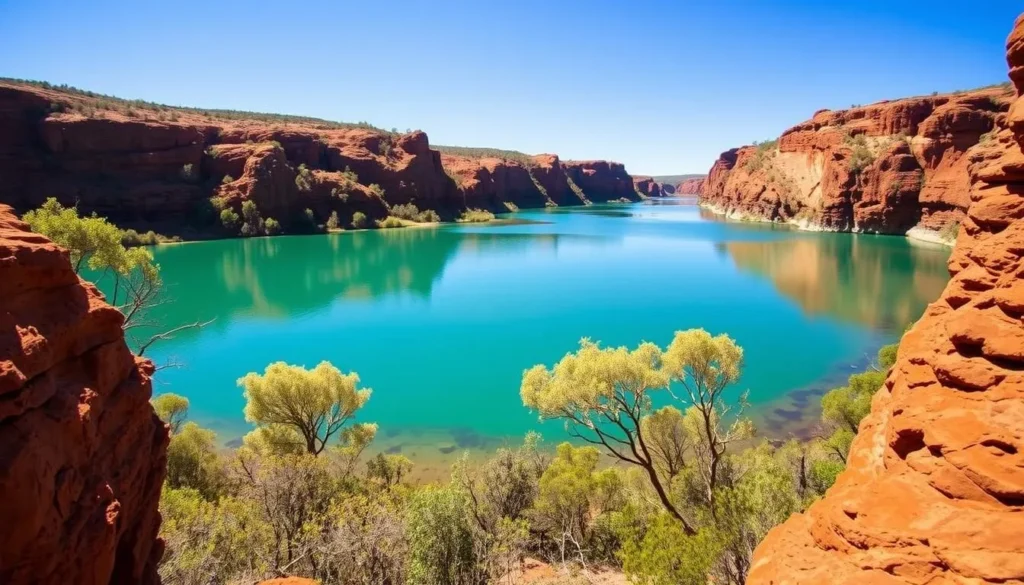 The emerald waters of Lawn Hill Gorge in Boodjamulla National Park with red sandstone cliffs