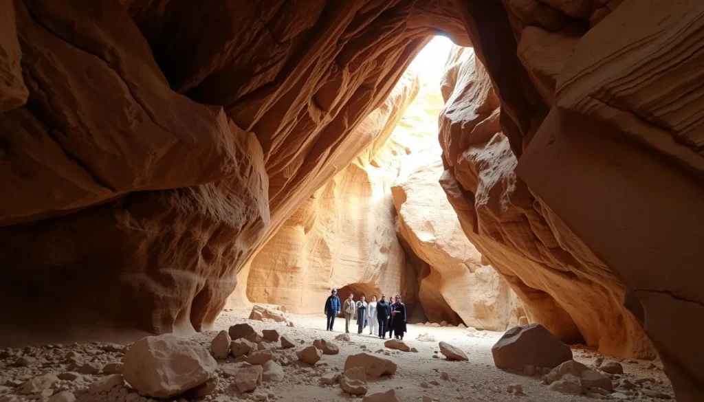 The entrance to Muqal Cave at Wadi Bani Khalid with visitors exploring