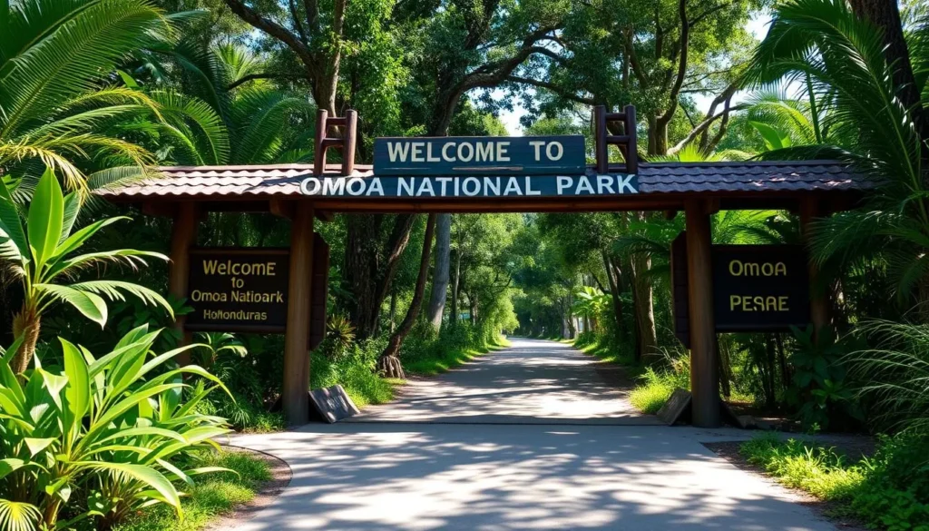 The entrance to Omoa National Park with signage and tropical vegetation