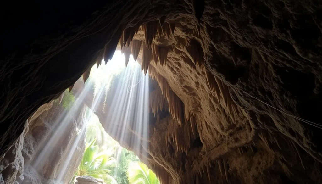 The entrance to one of Cayman Brac's famous caves, showing the limestone formation and natural lighting filtering through openings