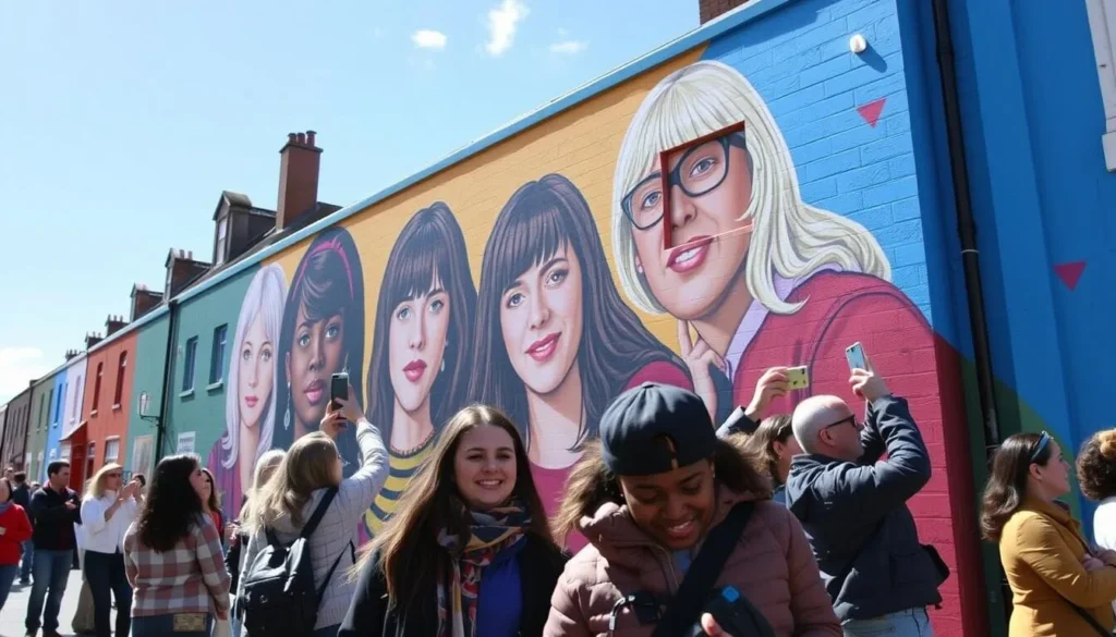 The famous Derry Girls mural with diverse tourists taking photos