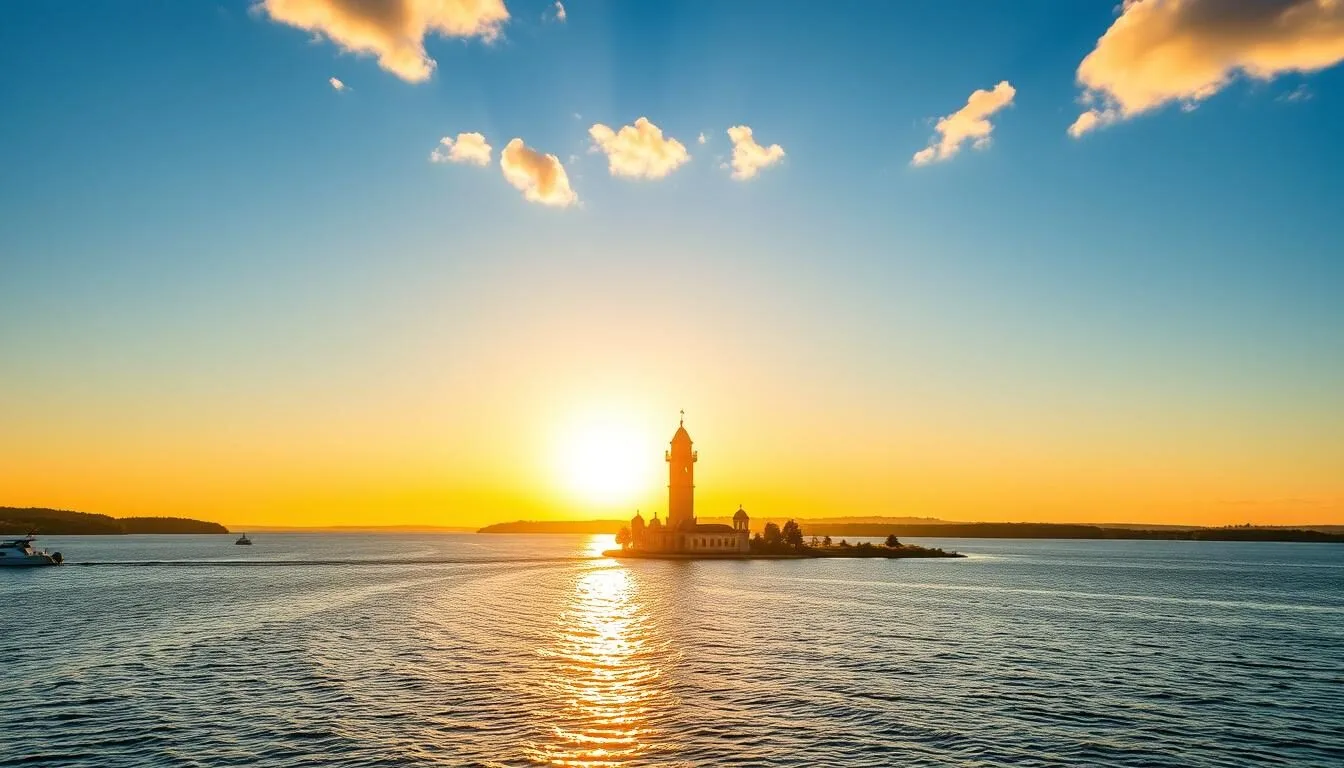 The famous Kalyazin Bell Tower rising from Lake Kalyazin waters at sunset with boats nearby
