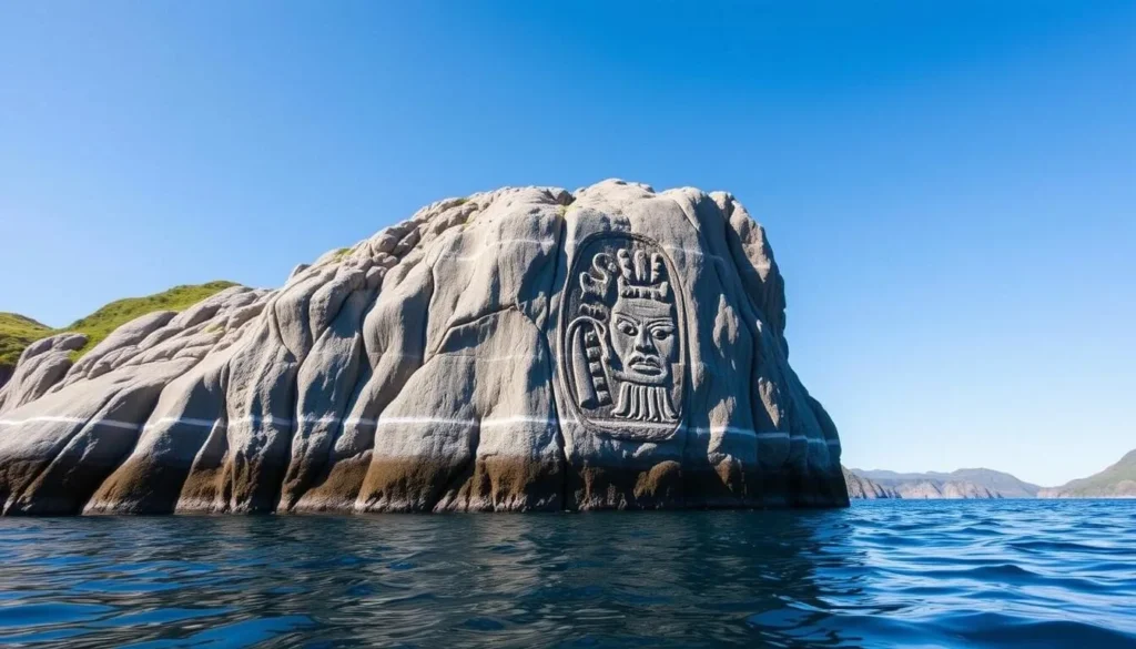 The famous Māori rock carvings at Mine Bay on Lake Taupo seen from a boat