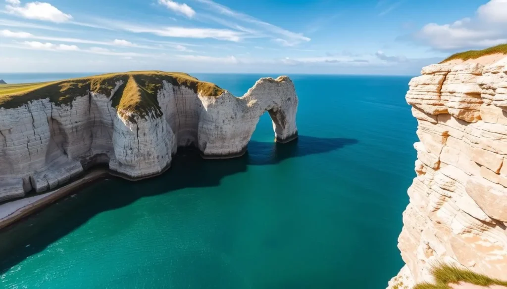 The famous Needle rock formation at Falaise d'Aval in Etretat during a weather-savvy trip The famous Needle rock formation at Falaise d'Aval in Etretat during a weather-savvy trip
