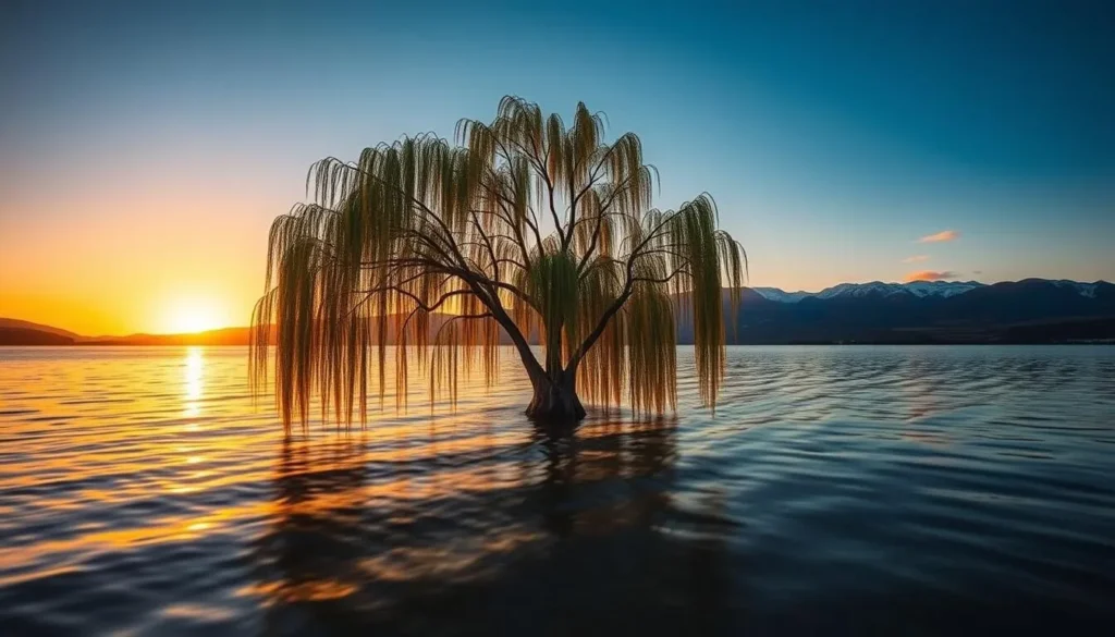 The famous Wanaka Tree (#ThatWanakaTree) standing in Lake Wanaka at sunset