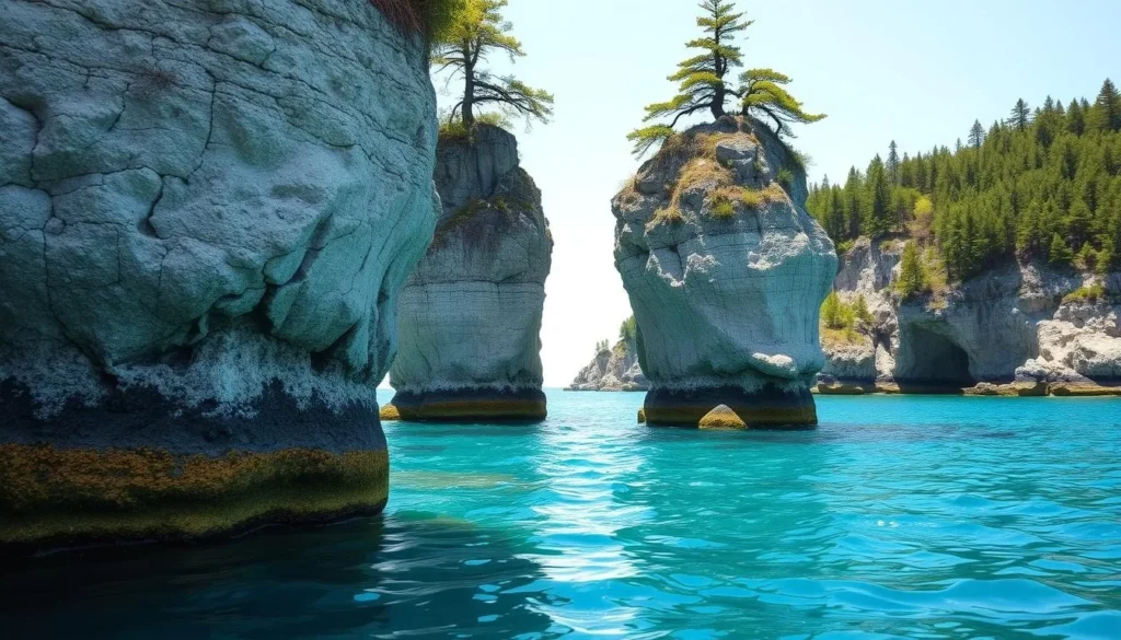 The famous flowerpot rock formations on Flowerpot Island in Fathom Five National Marine Park, Ontario