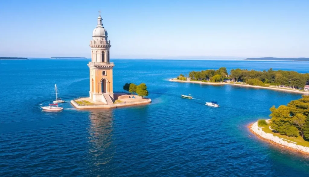The famous submerged bell tower of Kalyazin rising from Lake Kimry waters