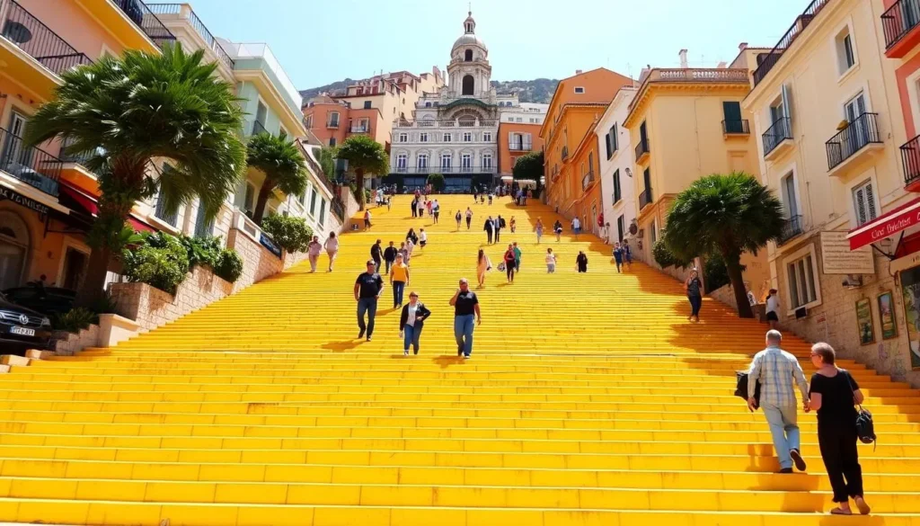 The famous yellow steps of Les Rampes Saint-Michel in Menton France with visitors walking up toward the Old Town