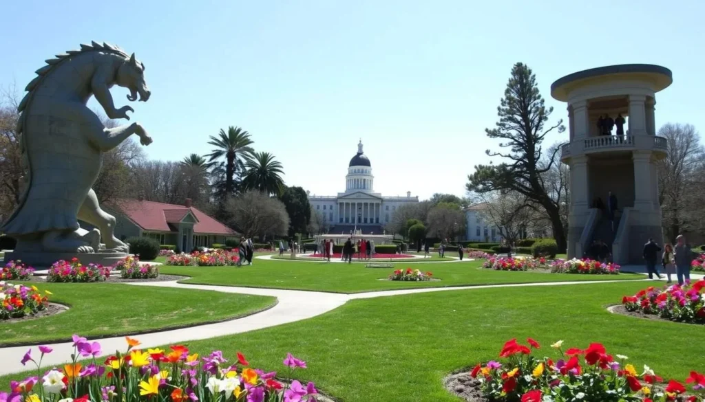 The gardens of Benicia Capitol State Historic Park in spring bloom with the historic building in the background The gardens of Benicia Capitol State Historic Park in spring bloom with the historic building in the background