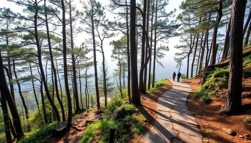 The hiking trail leading to Kelimutu crater lakes viewpoint through forested area The hiking trail leading to Kelimutu crater lakes viewpoint through forested area