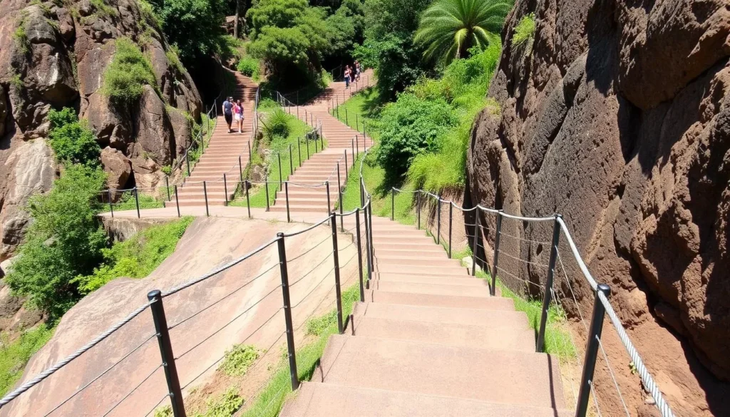 The hiking trail on Bible Rock with stone steps and wire railings for safety