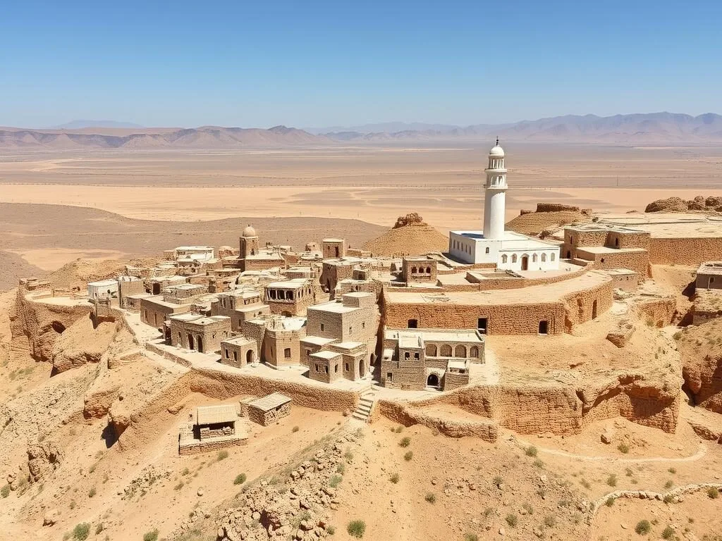 The hillside Berber village of Chenini in Tataouine with its distinctive white mosque and cave dwellings The hillside Berber village of Chenini in Tataouine with its distinctive white mosque and cave dwellings