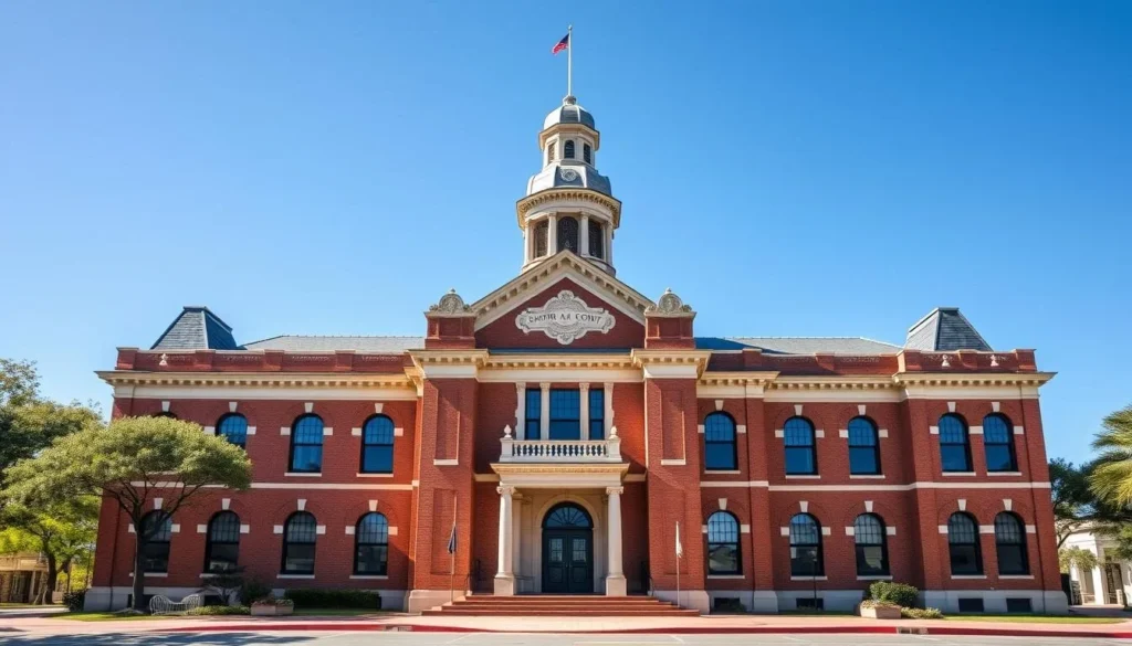 The historic 1892 Victoria County Courthouse with its distinctive Romanesque Revival architecture in downtown Victoria, Texas