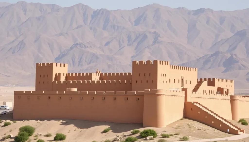 The historic Al Awabi Fort with traditional Omani architecture against mountain backdrop