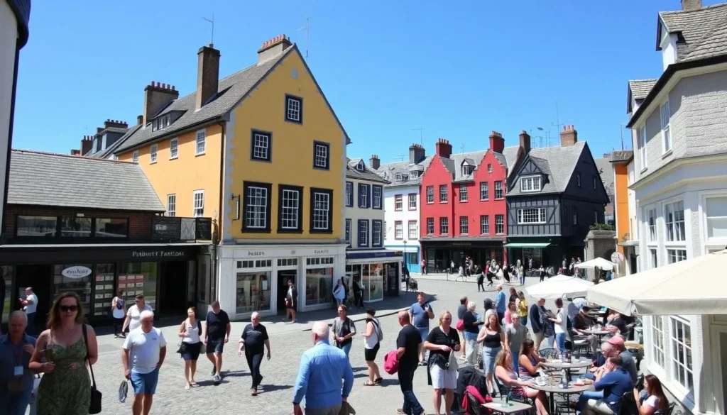 The historic Barbican district in Plymouth with colorful buildings and cobbled streets
