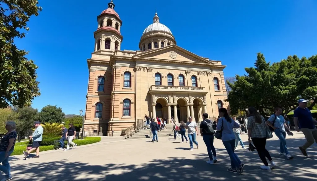 The historic Benicia Capitol State Historic Park building with visitors exploring the grounds The historic Benicia Capitol State Historic Park building with visitors exploring the grounds
