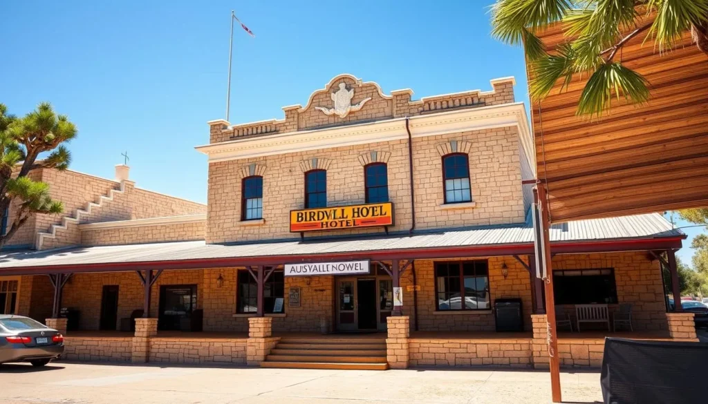 The historic Birdsville Hotel exterior in Birdsville, Queensland with its iconic facade The historic Birdsville Hotel exterior in Birdsville, Queensland with its iconic facade