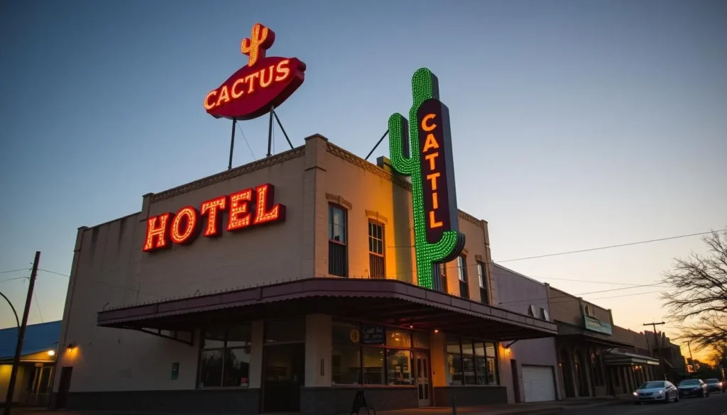 The historic Cactus Hotel in downtown San Angelo Texas with its distinctive architecture and neon sign