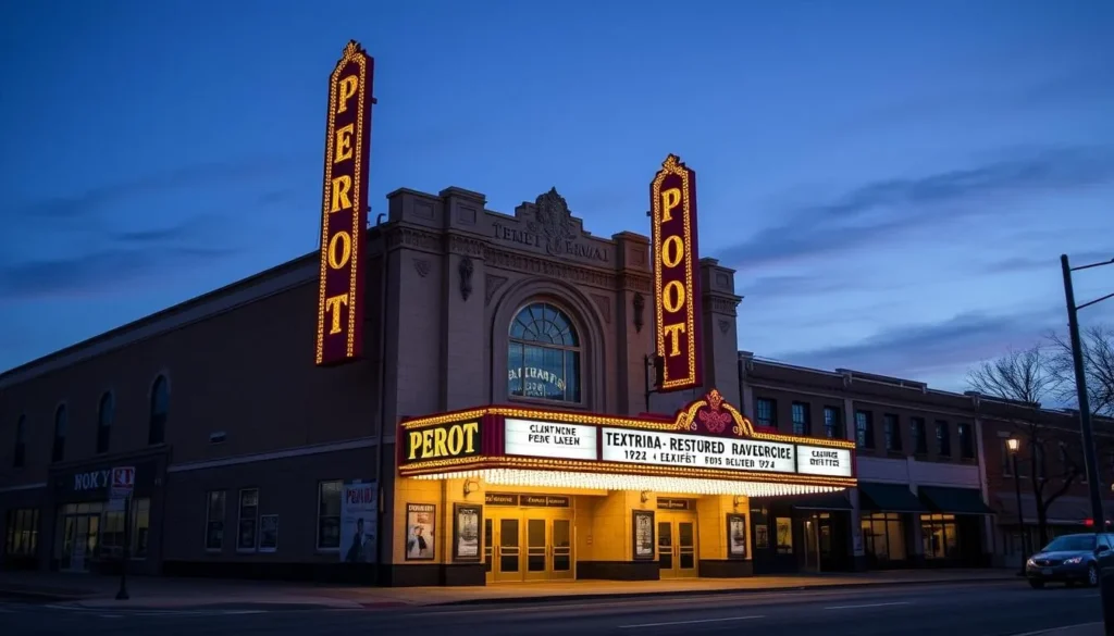 The historic Perot Theatre in downtown Texarkana with its illuminated marquee
