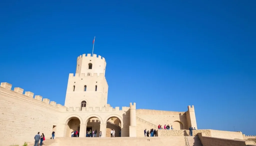 The historic Ribat fortress in Monastir with its impressive watchtower against blue sky