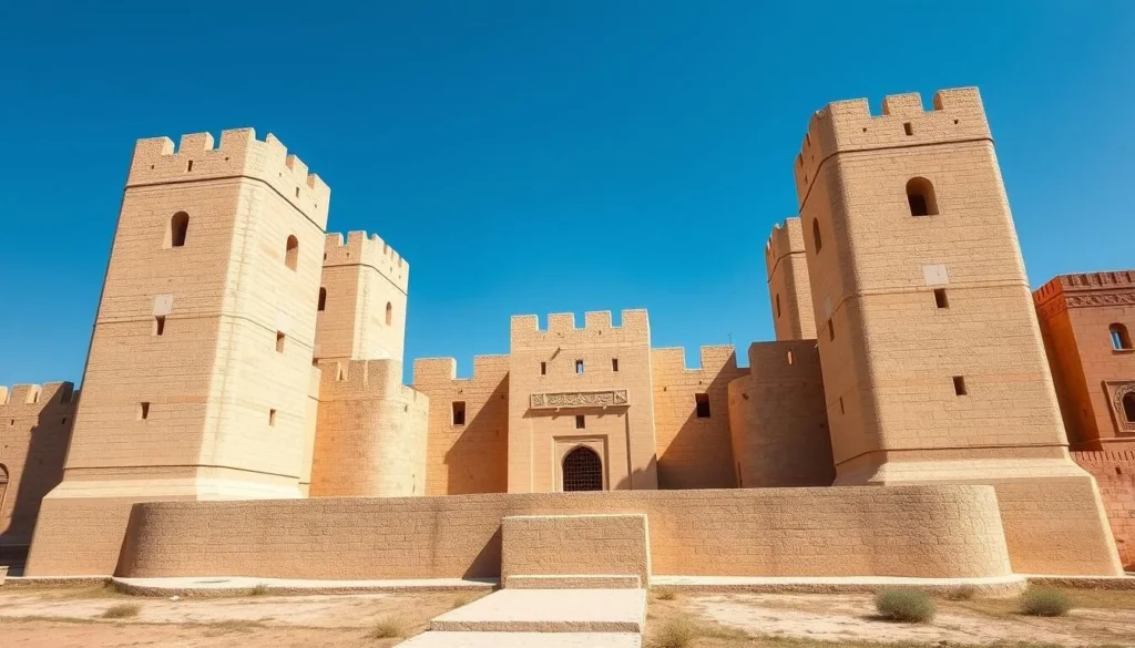 The historic Rustaq Fort with its four tall watchtowers against a blue sky background The historic Rustaq Fort with its four tall watchtowers against a blue sky background