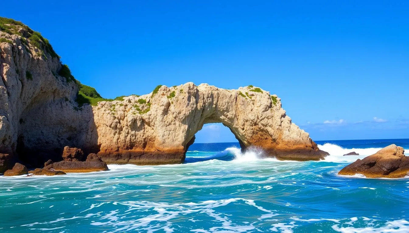 The iconic Devil's Bridge at Indian Town National Park, Antigua and Barbuda, with dramatic waves crashing against the natural limestone arch