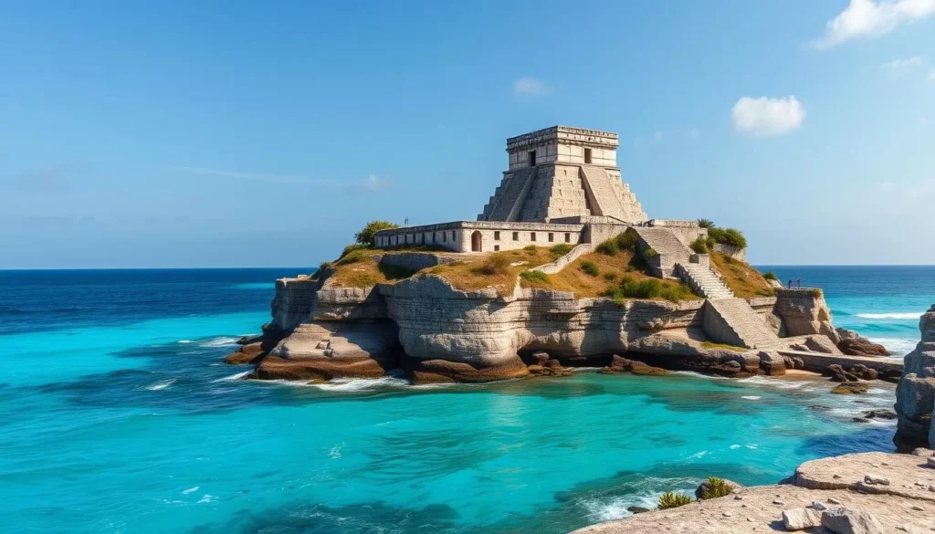 The iconic El Castillo temple at Tulum Archaeological Zone perched on cliffs above the turquoise Caribbean Sea