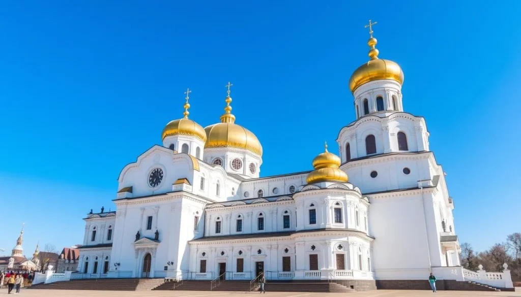 The iconic St. Michael's Cathedral in Izhevsk with its golden domes against a blue sky
