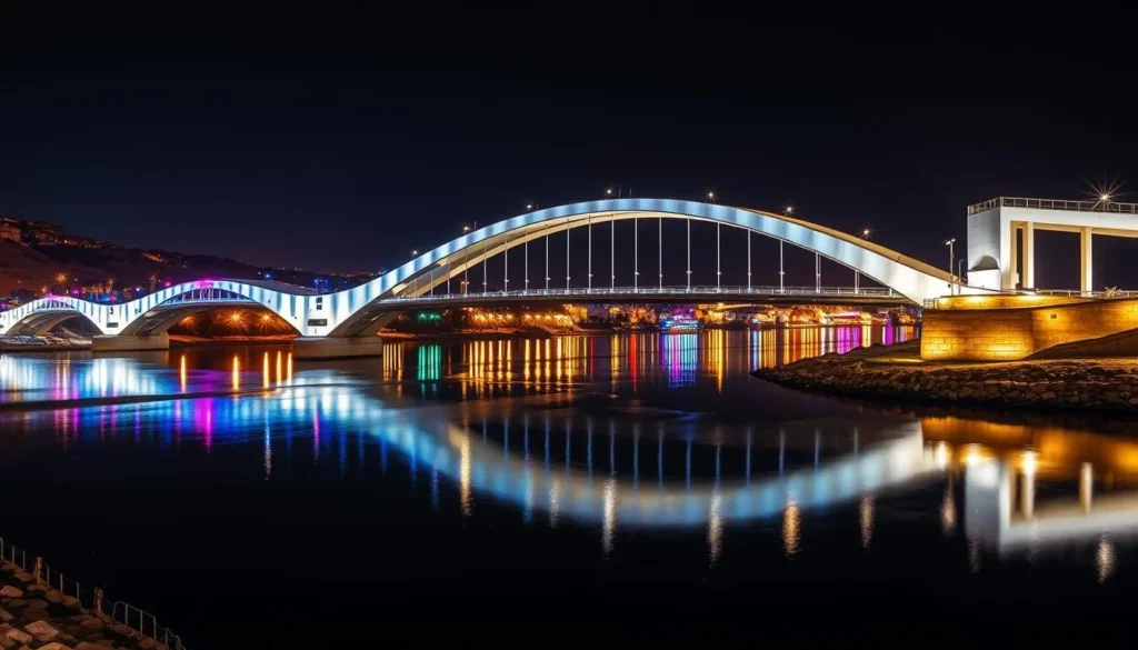 The iconic White Bridge (Pol-e Sefid) of Ahaz illuminated at night over the Karun River