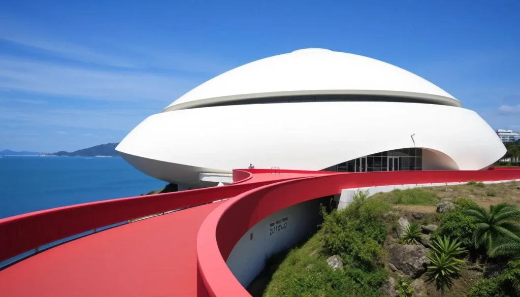 The iconic flying saucer-shaped Niteroi Contemporary Art Museum designed by Oscar Niemeyer