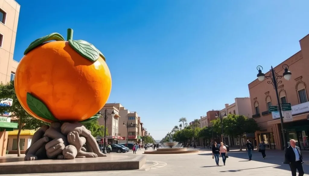 The iconic orange statue in the center of Berkane, symbolizing the city's famous citrus industry