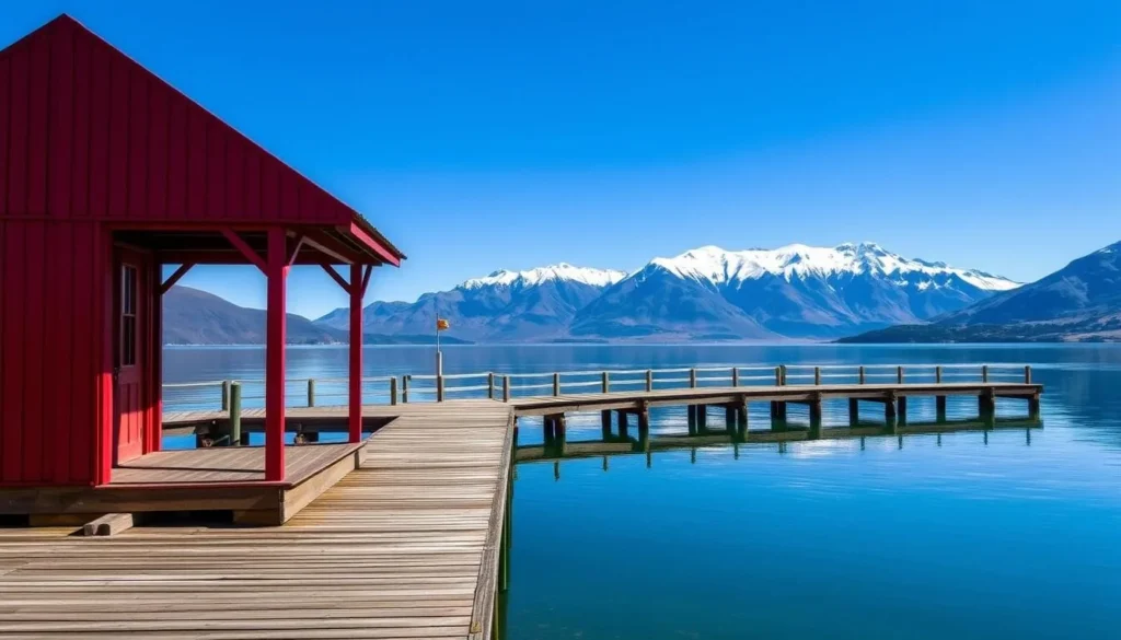 The iconic red shed and jetty at Glenorchy Waterfront Reserve with mountains in the background