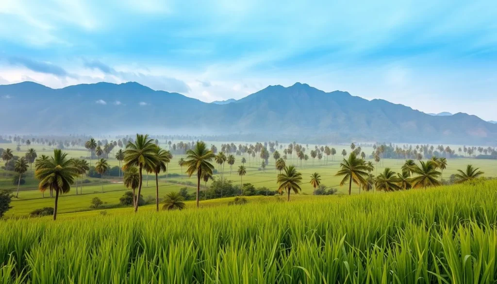 The iconic view of Valle de Cocora showing towering wax palms scattered across the misty green valley