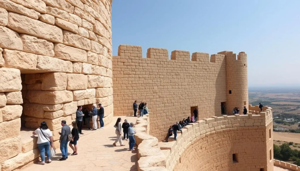 The impressive Southwest Tower of Nimrod Fortress National Park with visitors exploring the medieval architecture The impressive Southwest Tower of Nimrod Fortress National Park with visitors exploring the medieval architecture