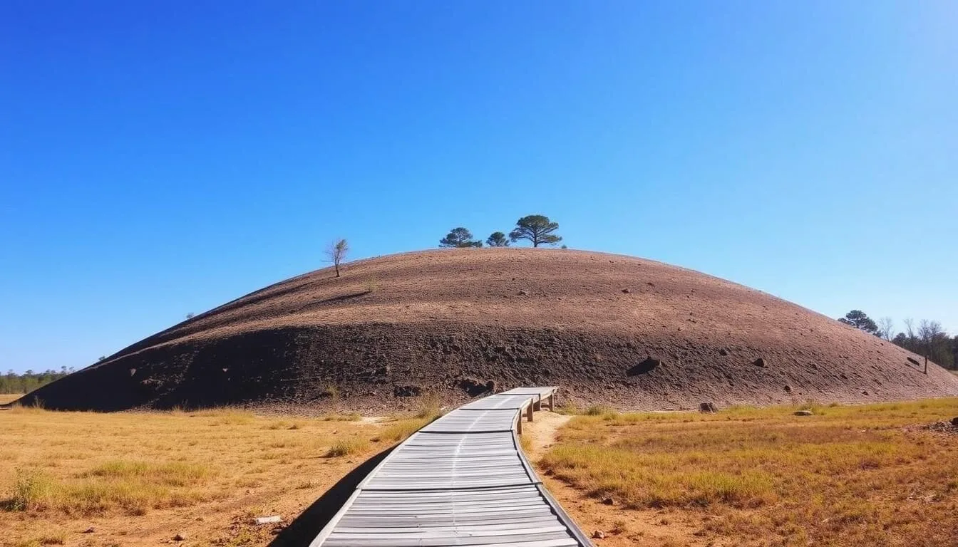 The-impressive-ceremonial-mound-at-Letchworth-Love-Mounds-Archaeological-State-Park-with The impressive ceremonial mound at Letchworth-Love Mounds Archaeological State Park with interpretive trail