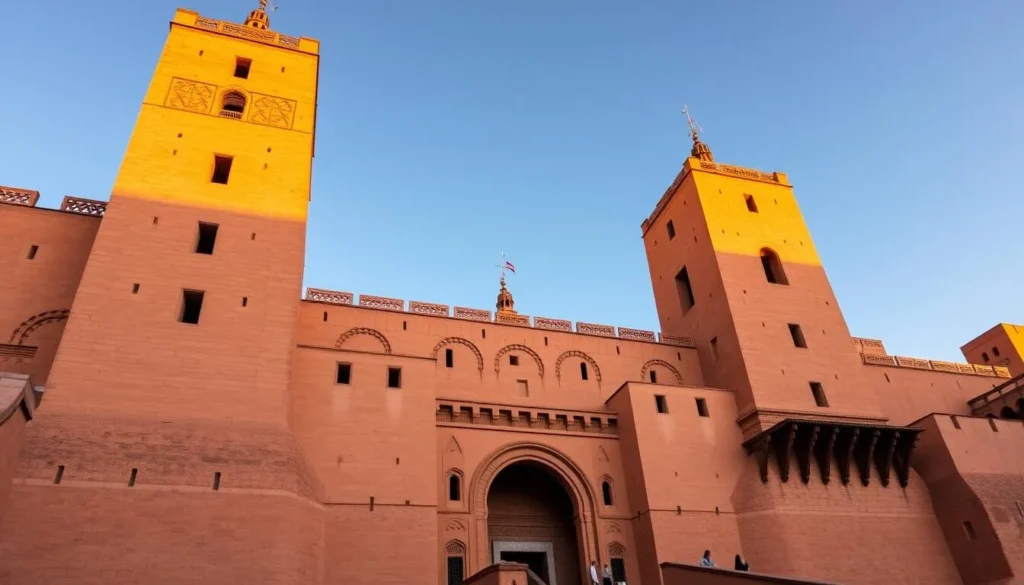 The impressive facade of Kasbah Taourirt with its distinctive towers and mud-brick architecture