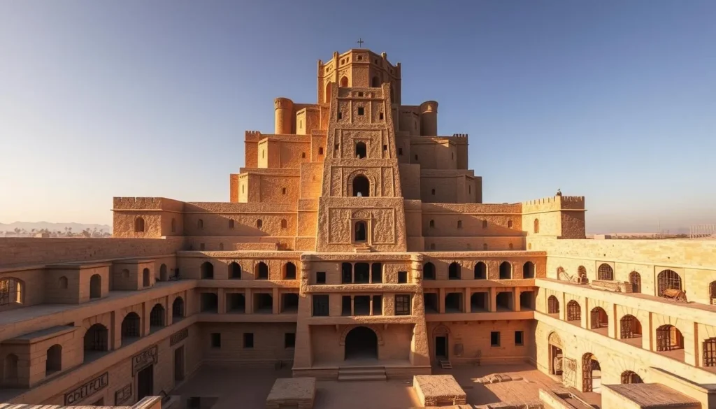 The impressive multi-level structure of Ksar Ouled Soltane in Tataouine, Tunisia, with its distinctive stacked ghorfas The impressive multi-level structure of Ksar Ouled Soltane in Tataouine, Tunisia, with its distinctive stacked ghorfas